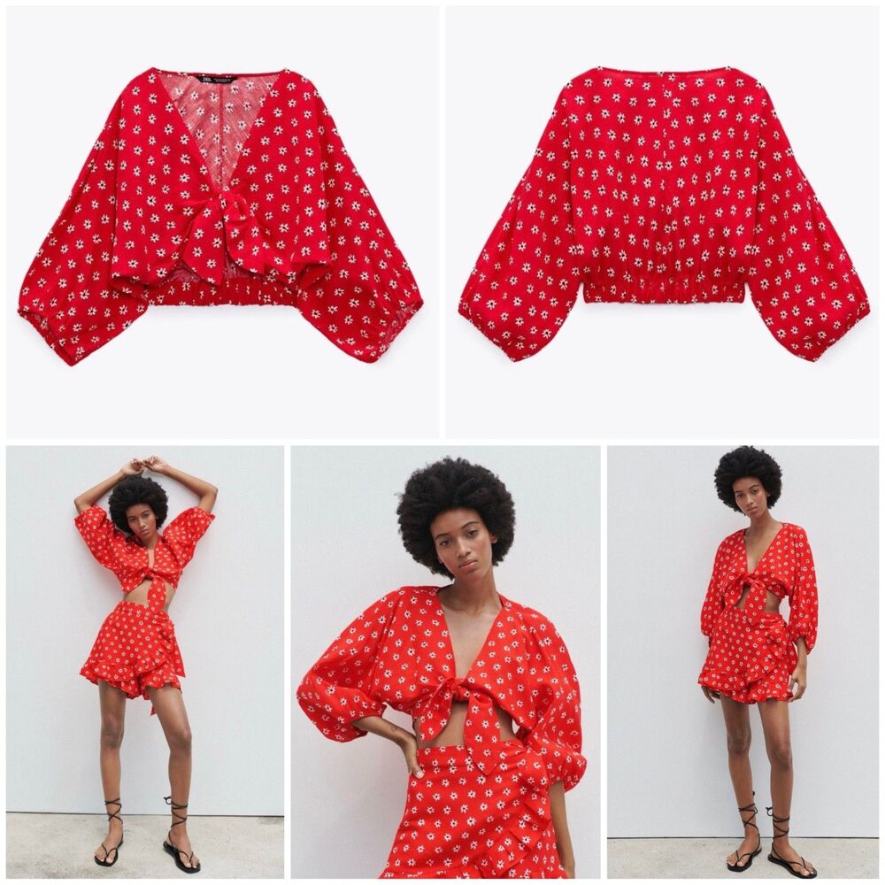 ZARA Red Daisy Floral Print Tie-Front Linen Blend Cropped Blouse - XS - Picture 2 of 12